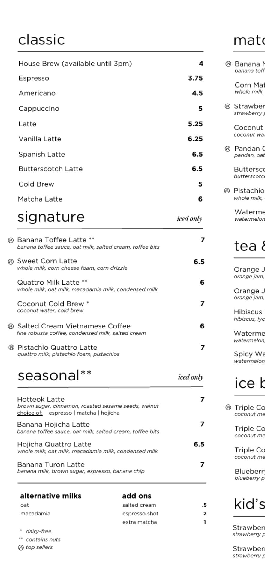 A printed restaurant menu — a full page of dish names and prices, with no photographs